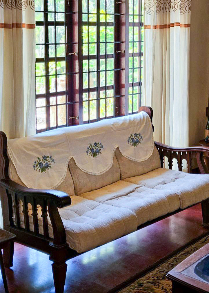 Blue cross stitch embroidery sofa back