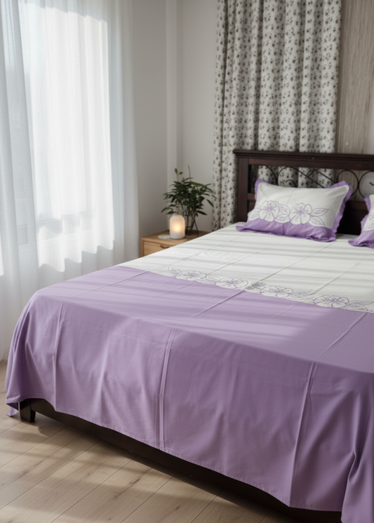 Embroidery applique work sheet with frilled pillow covers