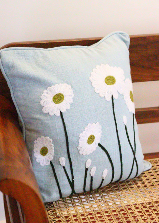 Embroidery on Sky Blue Jute  Cushion Covers