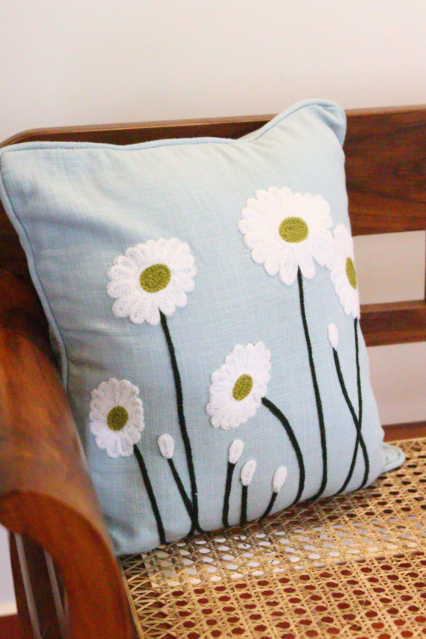 Embroidery on Sky Blue Jute  Cushion Covers