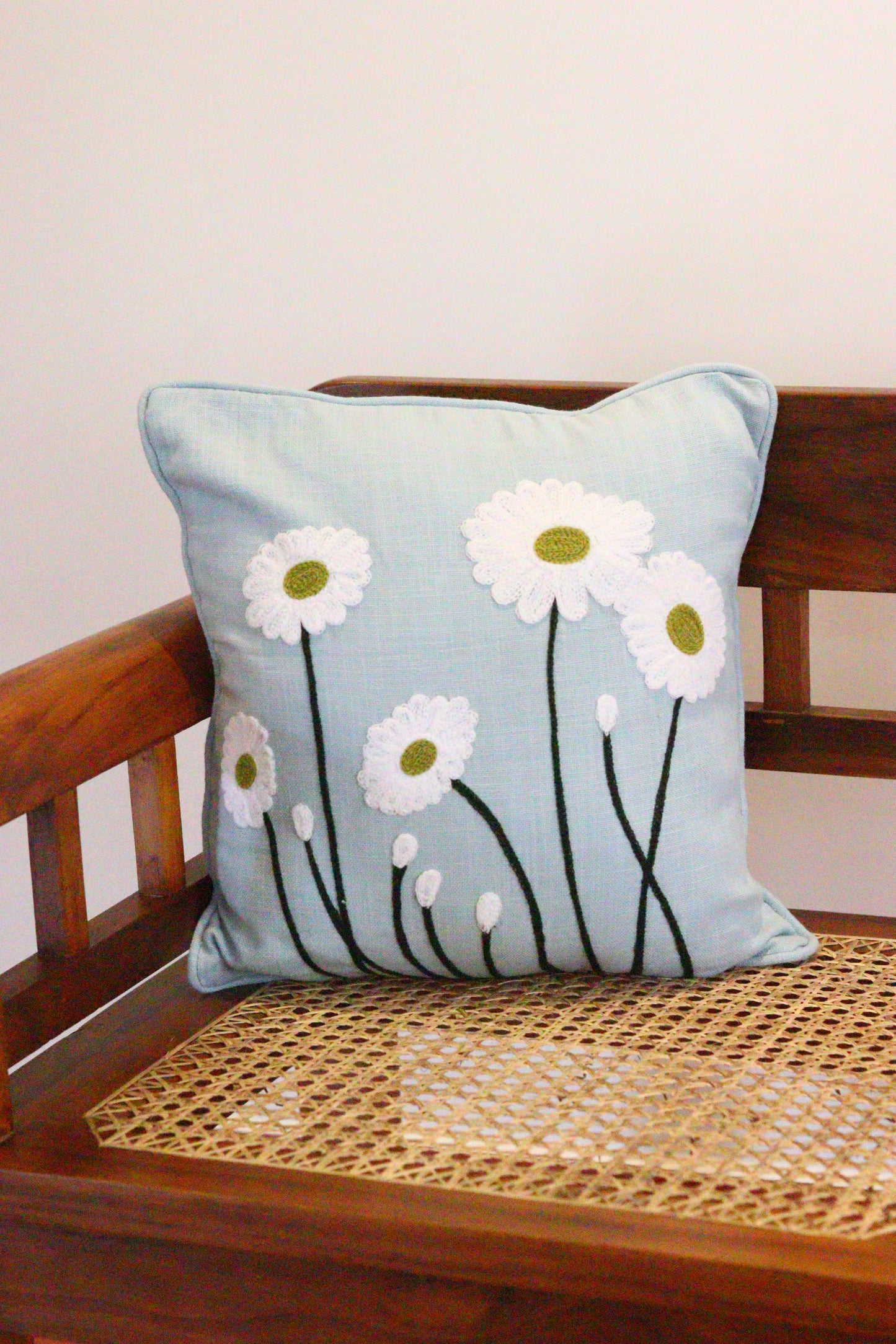 Embroidery on Sky Blue Jute  Cushion Covers