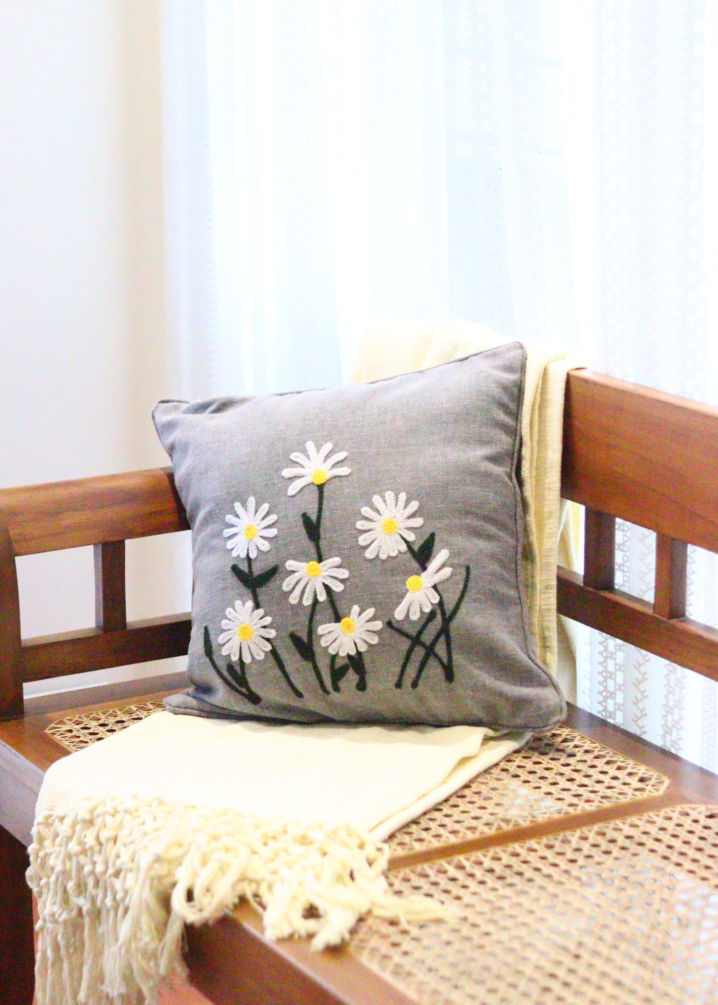 Embroidery on Grey Cushion Covers
