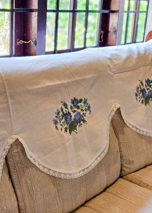 Blue cross stitch embroidery sofa back
